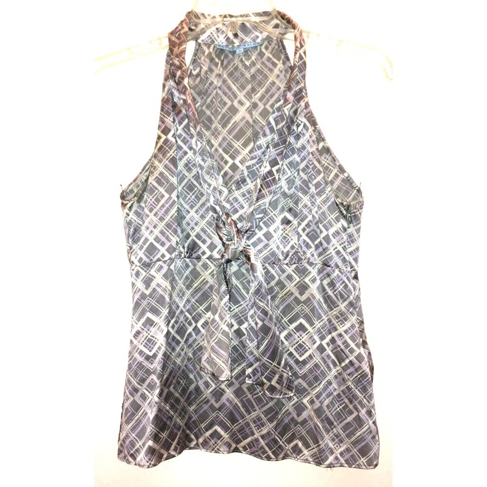 ANTONIO MELANI sz 2 95% Silk Satin Stretch Sleeveless Keyhole Blouse Light Gray